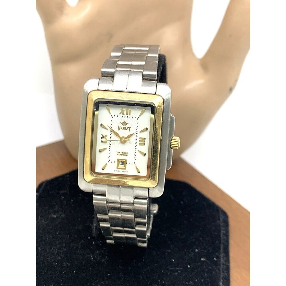 Nicolet Women's Watch Swiss Quartz White Dial Date 18kt Yellow Gold Bezel Tank